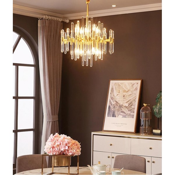 Brass chandelier with transparent glass shade