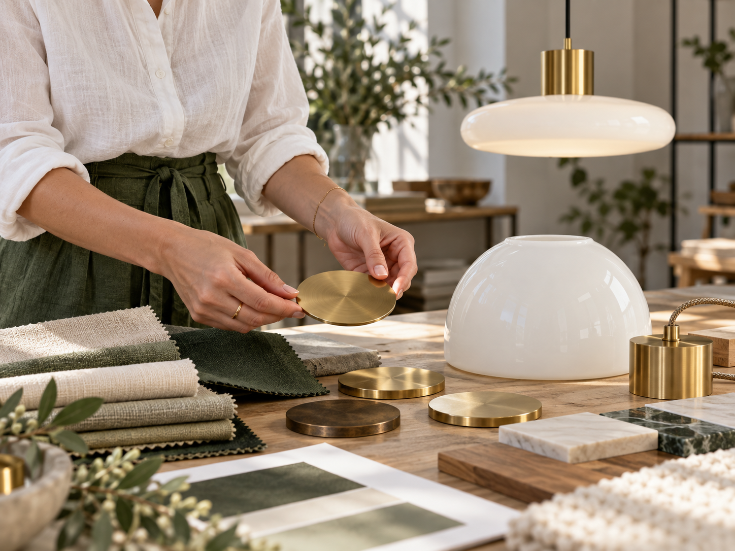 Sélection de matériaux et luminaires dans un intérieur français