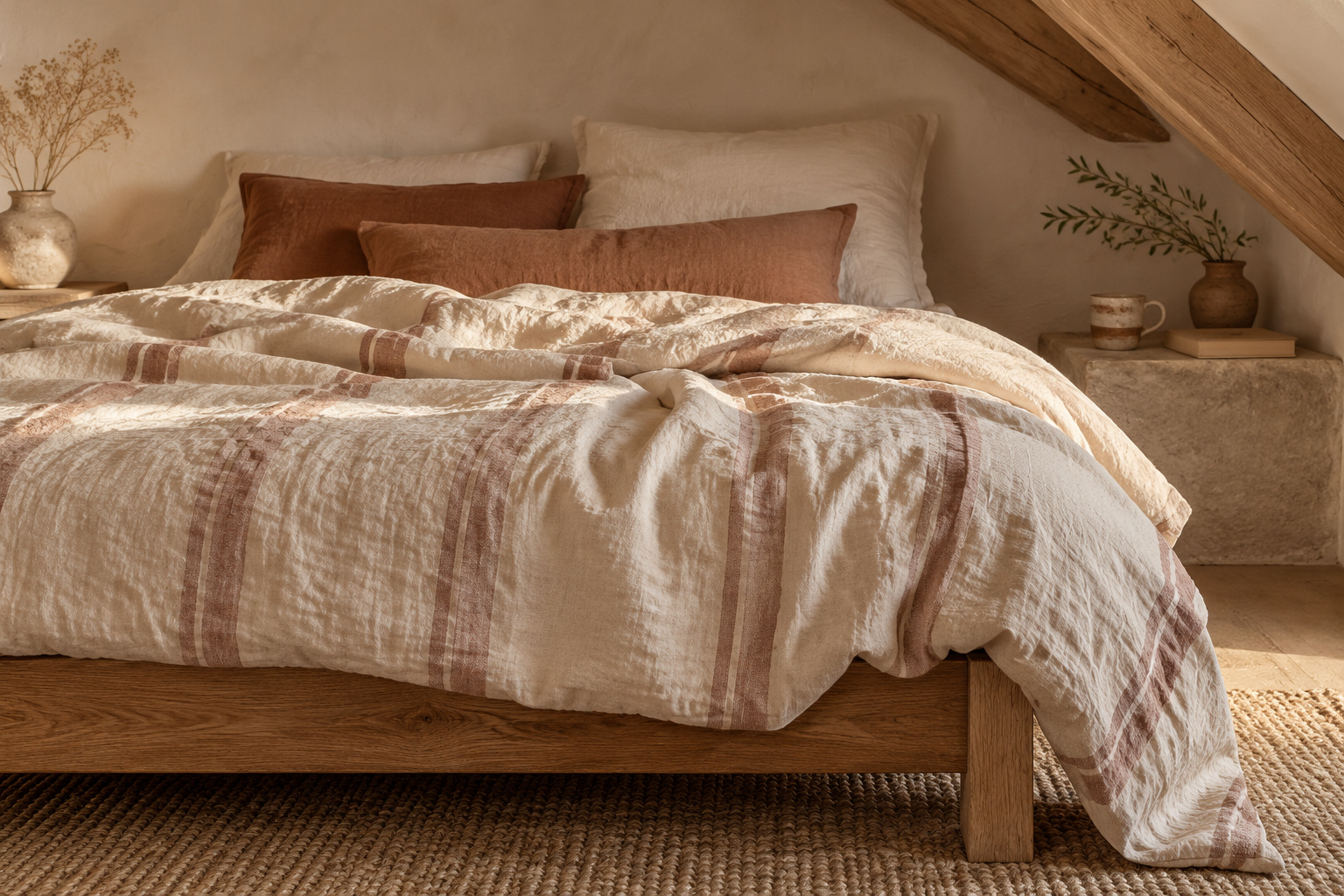 Layered linen bedding in a calm French bedroom