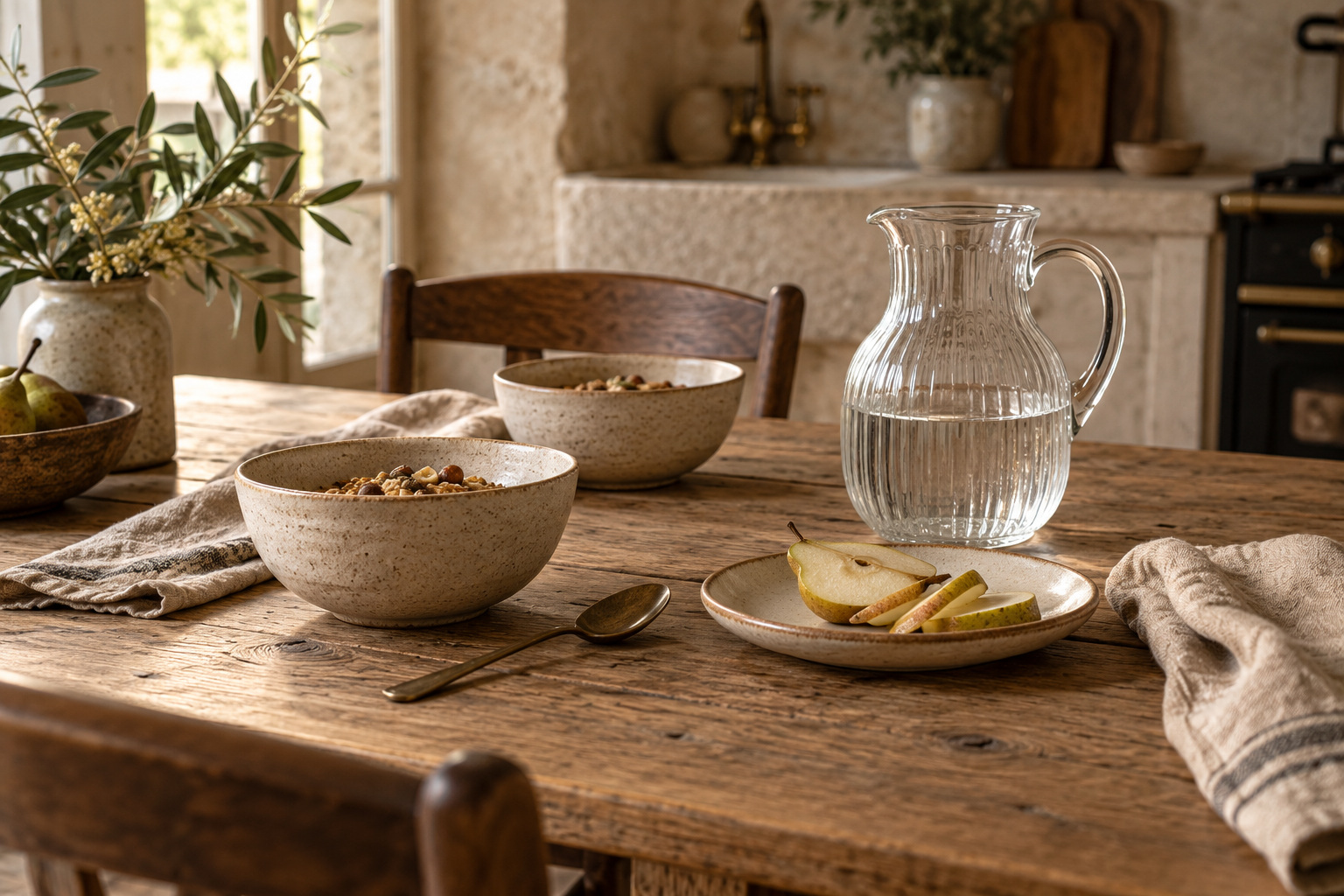 Oak furniture and ceramic details in a French dining room