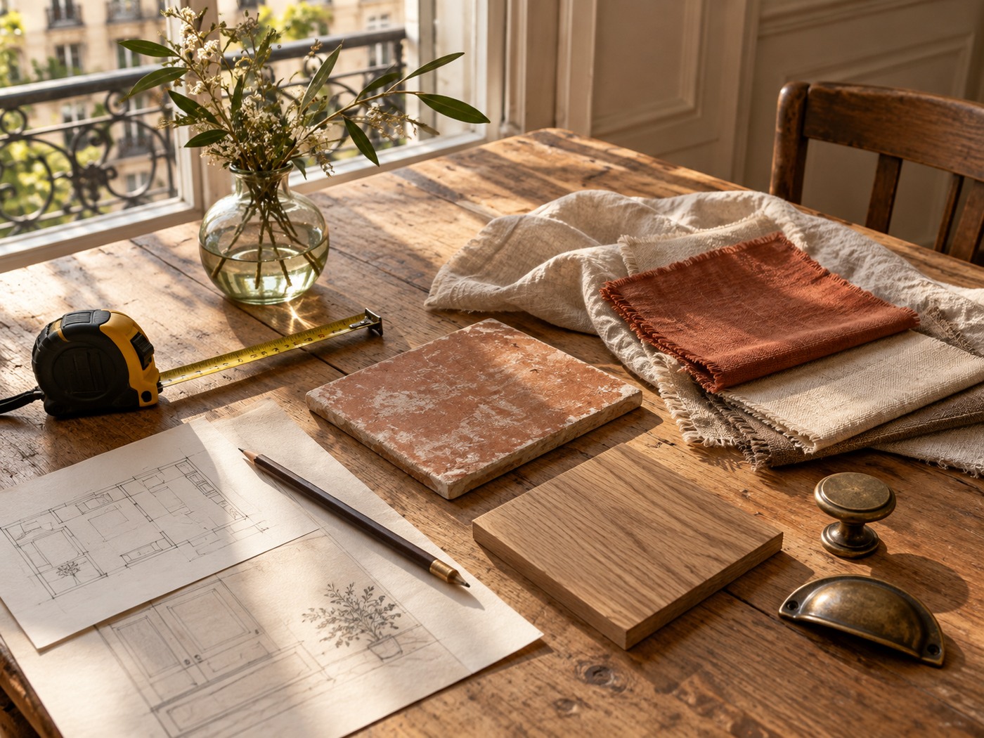 Material samples and measurements for planning a room