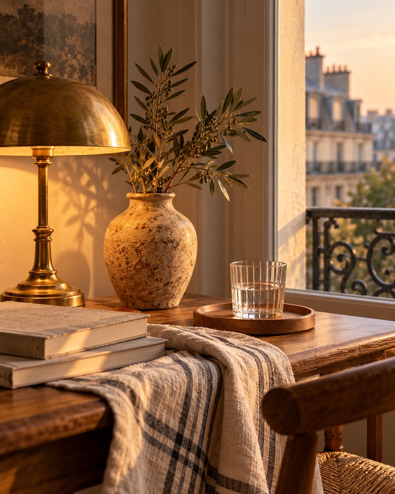 Warm brass lamp and ceramic still life in a French apartment