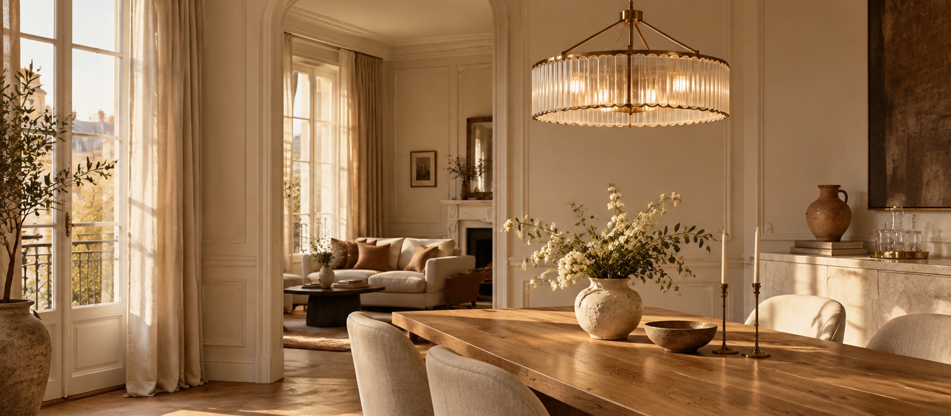 French apartment dining room with warm brass lighting