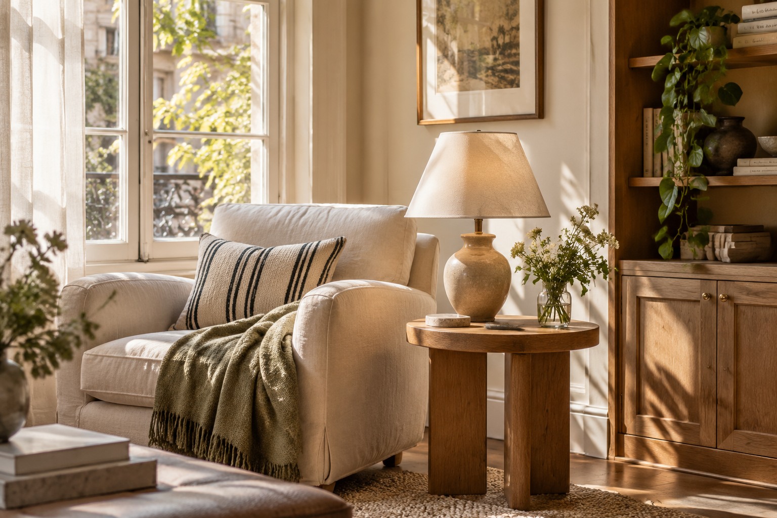 French reading corner with armchair, oak table and ceramic lamp