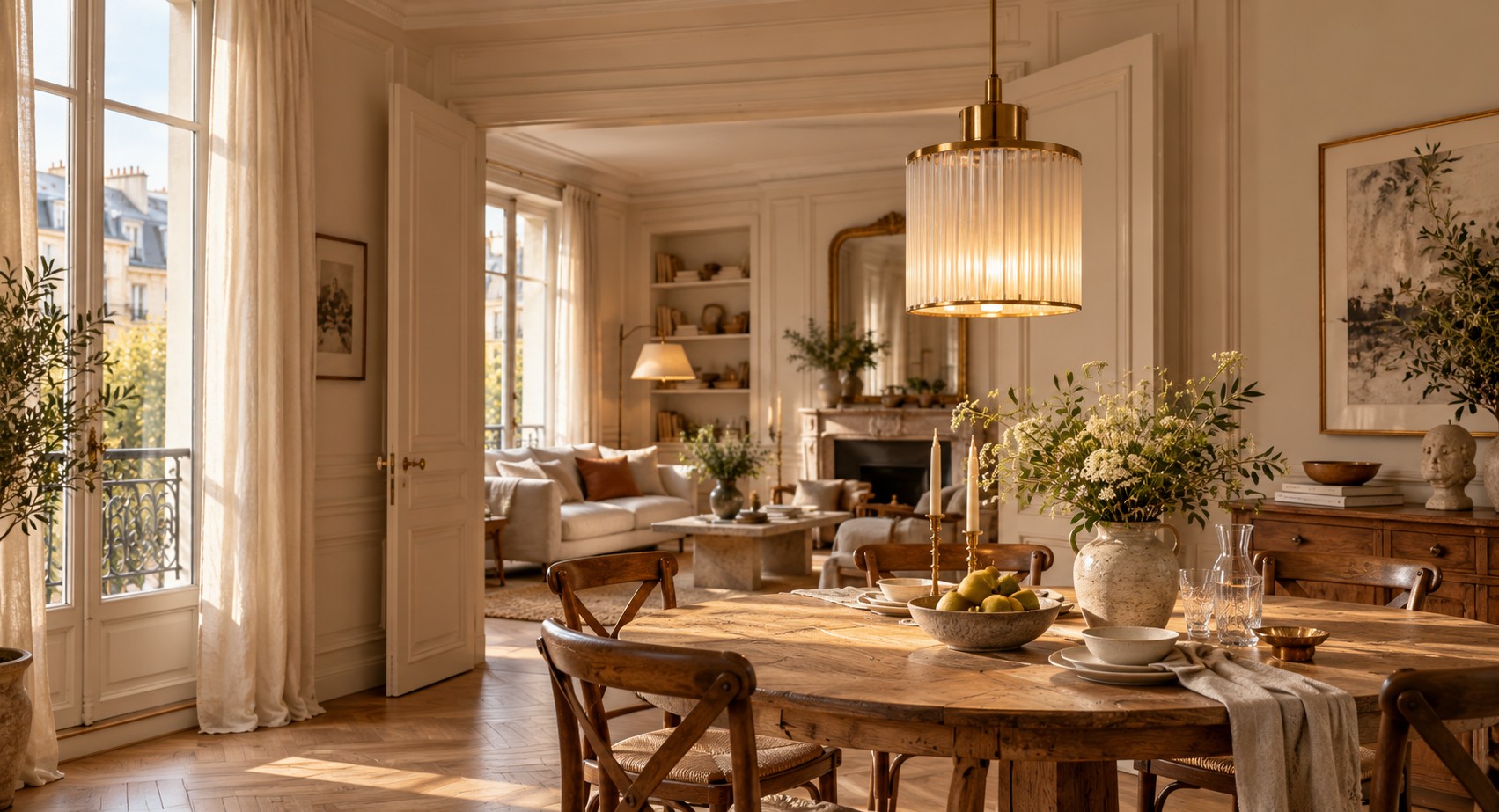 Warm brass lamp and ceramic still life in a French apartment