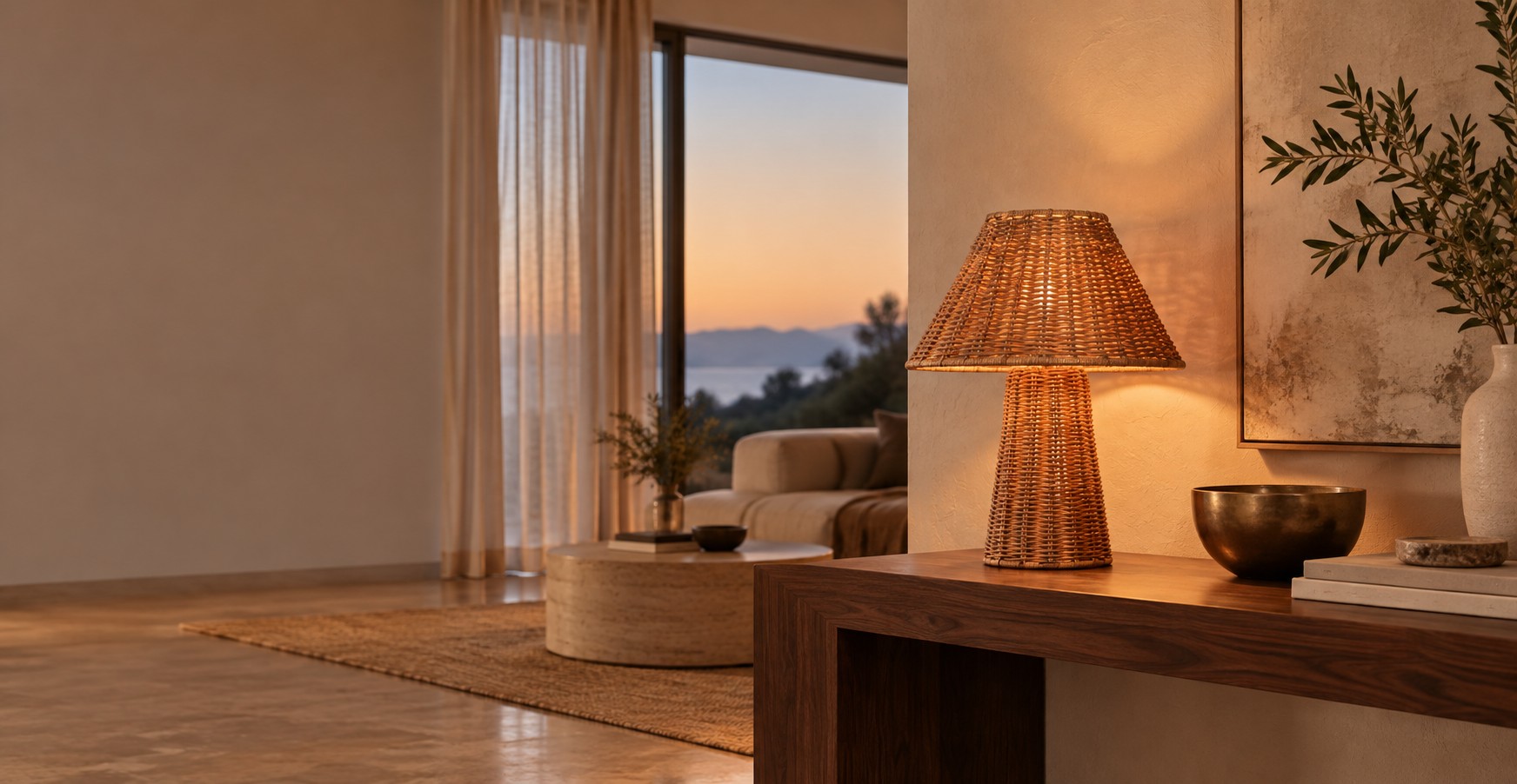 Lampe de table en rotin sur une console, dans un salon chaleureux
