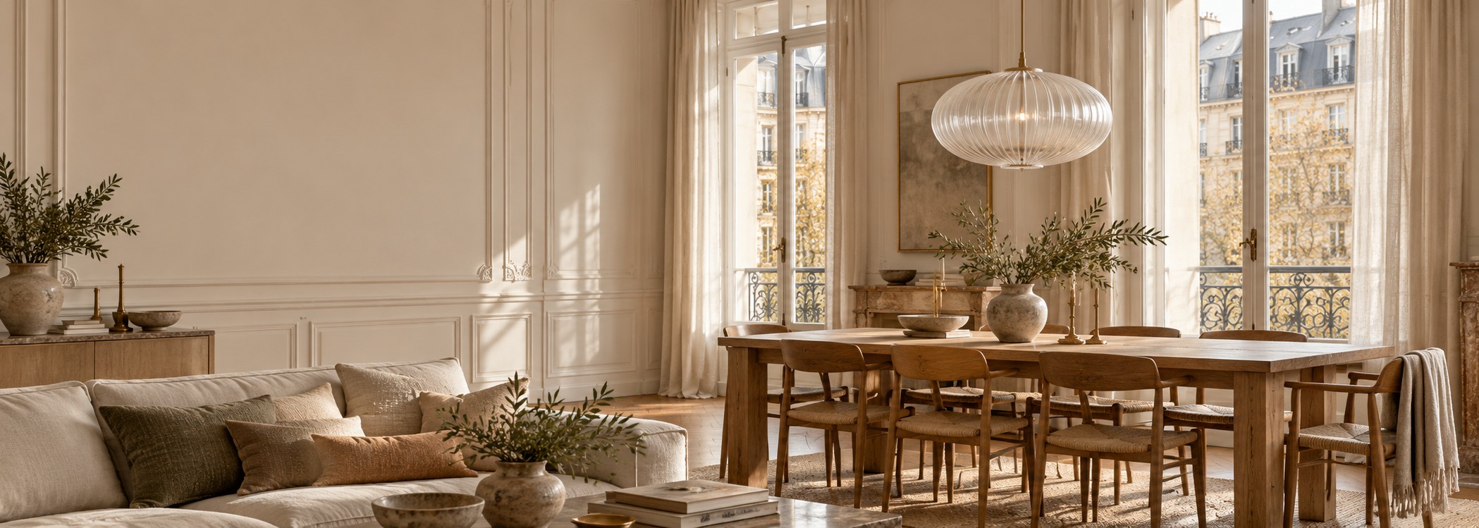 Salle à manger parisienne ensoleillée, suspension en verre au-dessus de la table